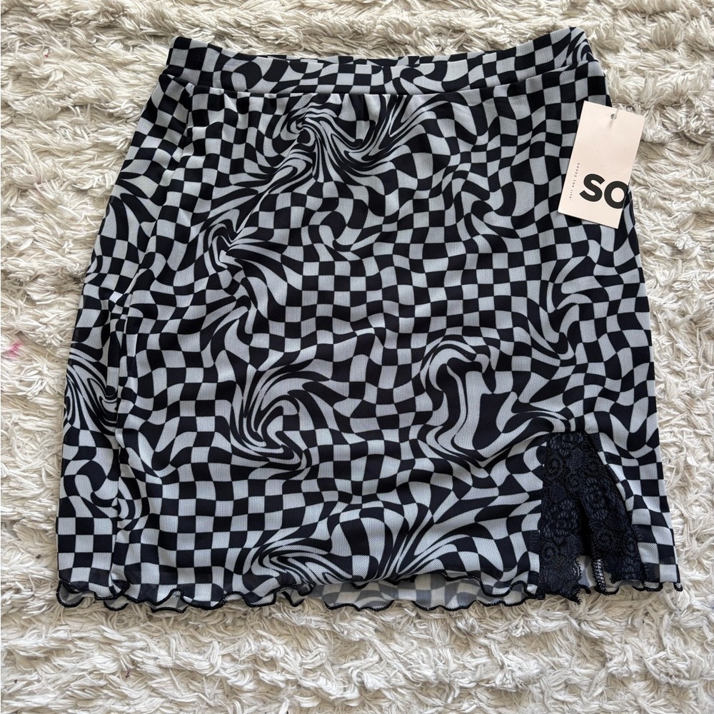 SO Black & White Checkerboard Mini Skirt with Lace Accent